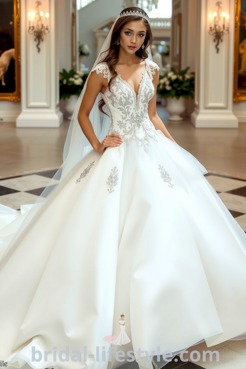 Elegant Princess Glitter wedding dress with fitted bodice, intricate lace appliqués, sparkling beading, and a voluminous skirt, perfect for dreamy brides seeking timeless beauty for the special day. bridal-lifestyle.com
