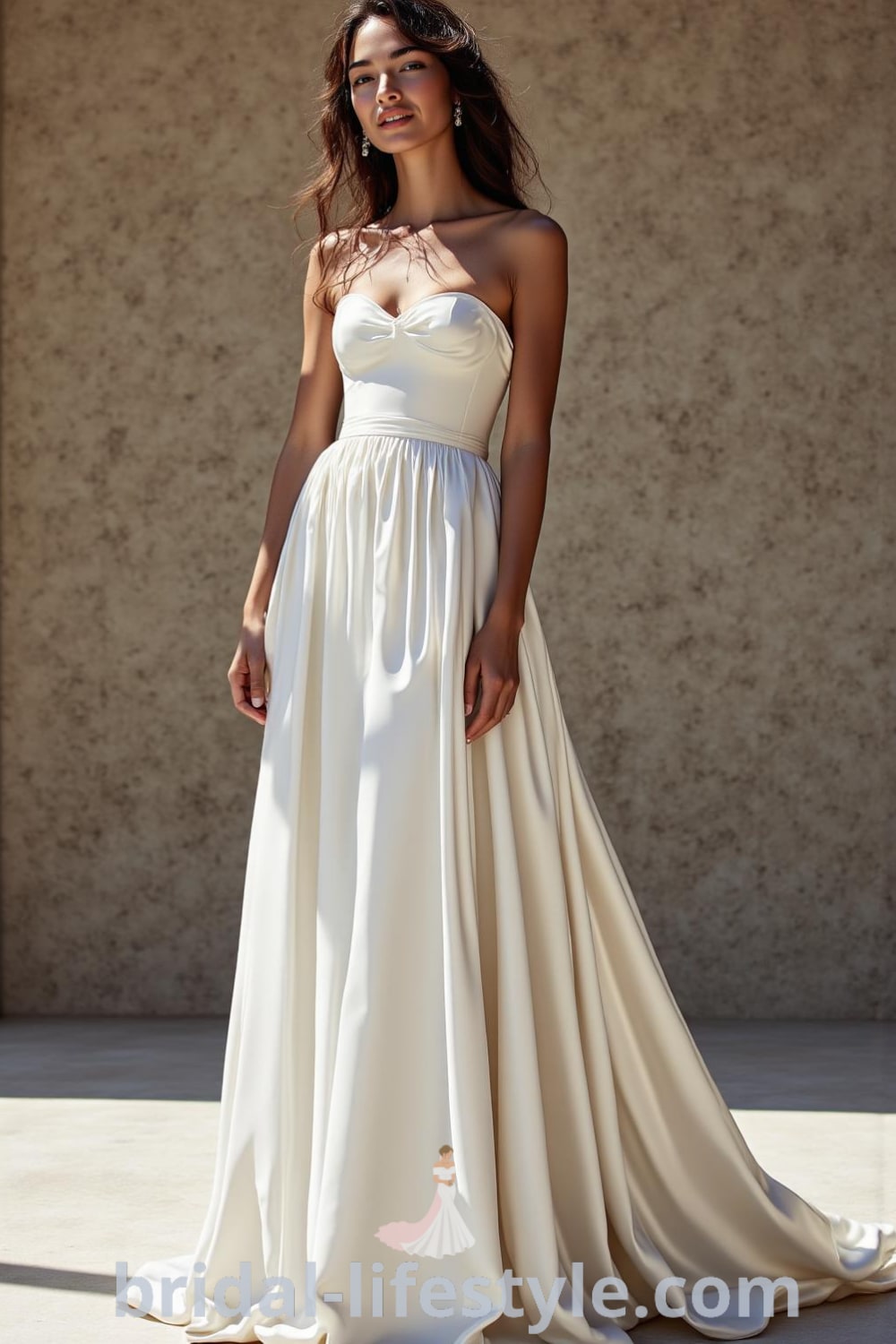 Minimalist wedding dress featuring a tailored bodice, floor-length satin skirt, scoop neckline, and back slit, exuding elegance and sophistication. bridal-lifestyle.com