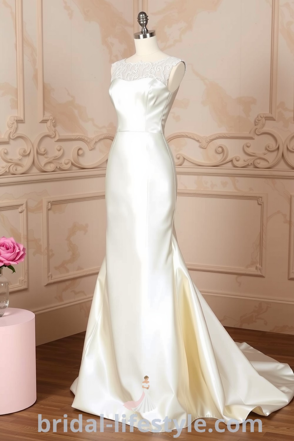 Elegant satin fit and flare wedding dress with lace accents, hugging silhouette, and flaring out at the knee for a romantic and sophisticated look, ideal for every bride