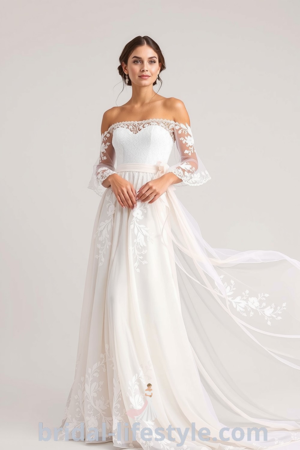 Bridal gown with bohemian lace overlay, floral appliqués on off-shoulder sleeves, and a flowing chiffon skirt, perfect for outdoor weddings. bridal-lifestyle.com