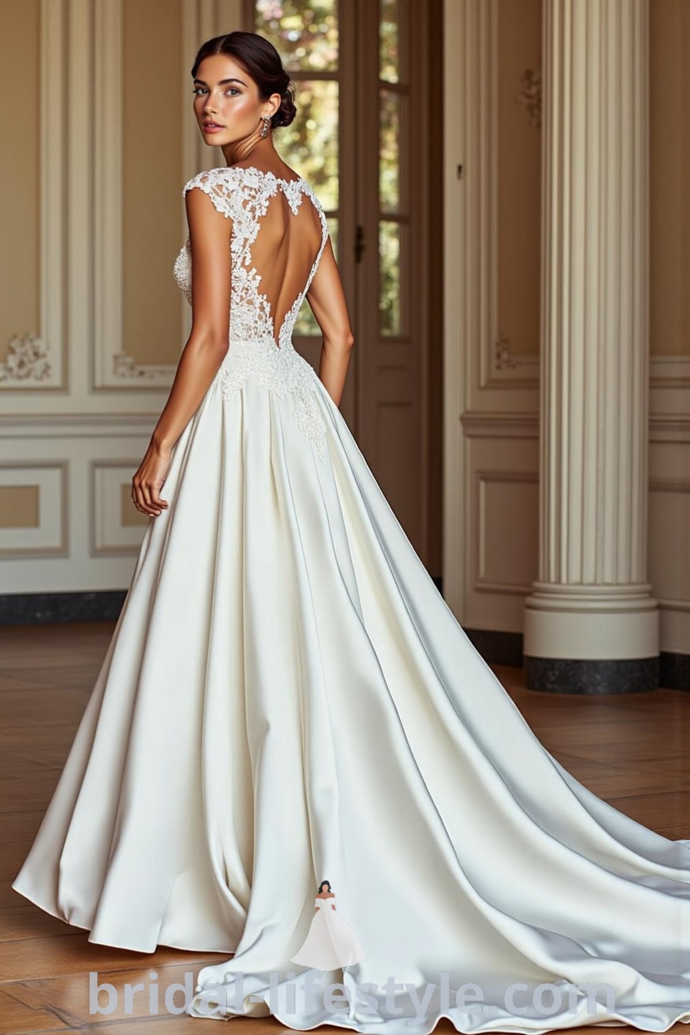 Princess Classy wedding dress with soft A-line silhouette, intricately embellished bodice, lace appliqués on neckline and sleeves, and flowing satin layers. bridal-lifestyle.com