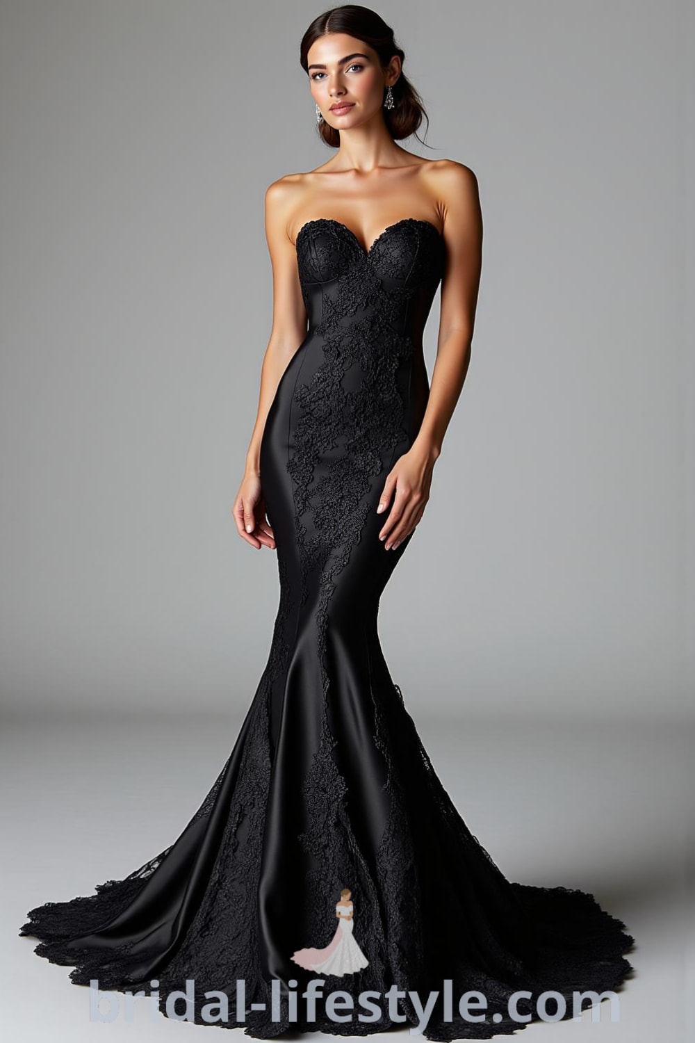 Elegant black satin mermaid wedding dress with sweetheart neckline, intricate lace appliqués, and a graceful train, designed to enhance the bride