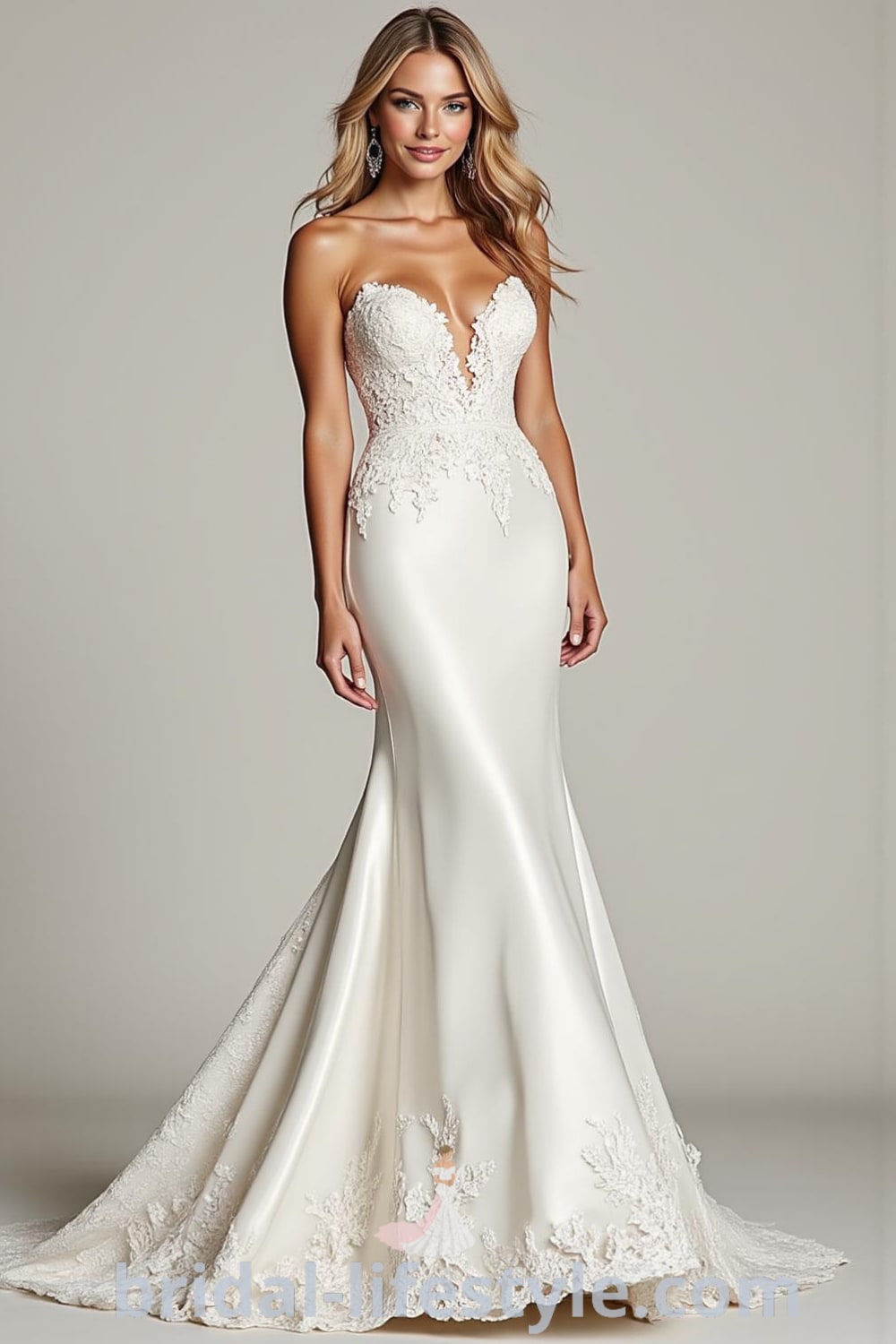 A modern mermaid wedding dress made of luxurious satin with a strapless neckline, intricate lace appliqués on the fitted bodice, and a dramatic train. bridal-lifestyle.com