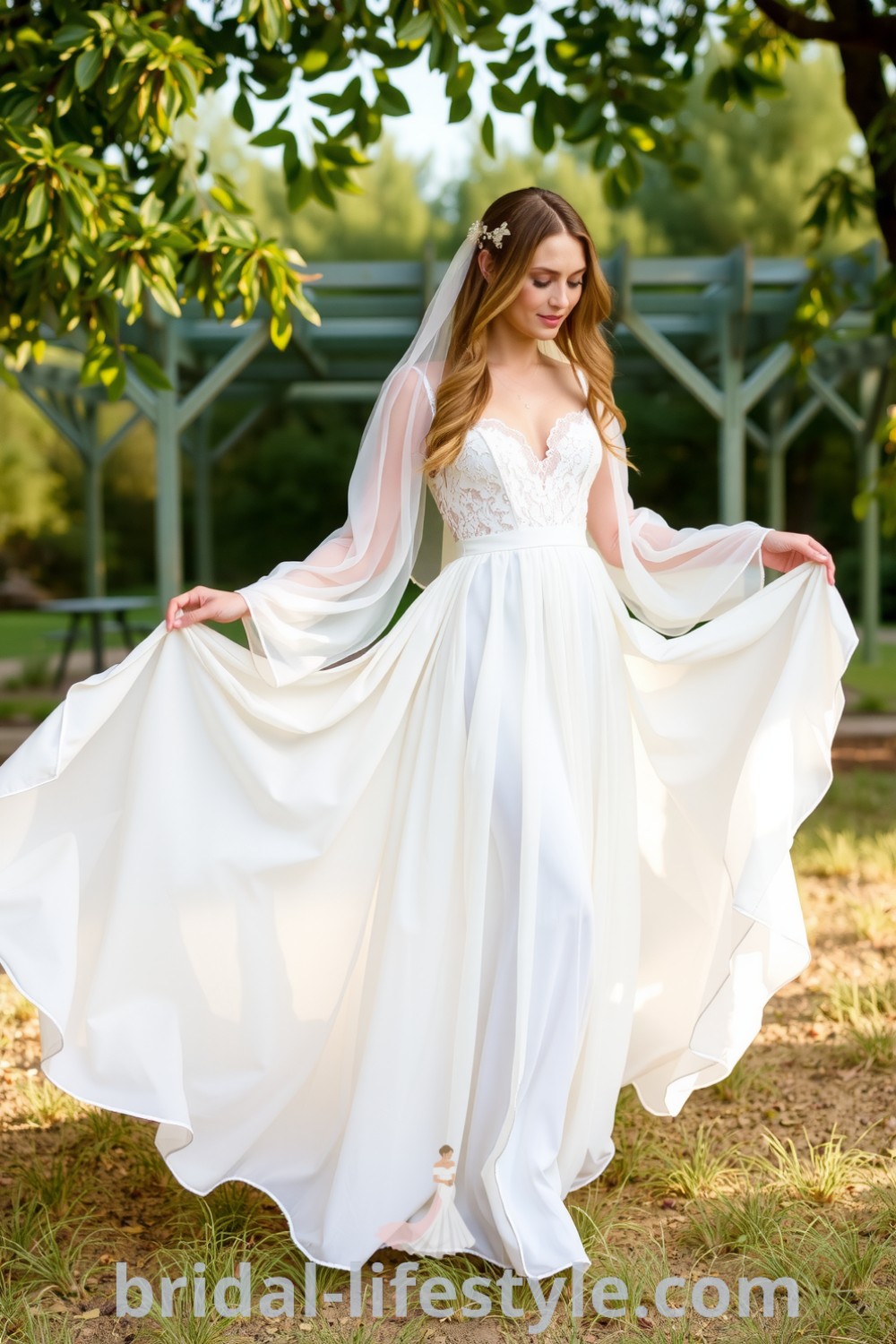 Boho wedding dress made of soft chiffon with lace detailing, flowing sleeves, and an ivory hue, creating a romantic silhouette. bridal-lifestyle.com