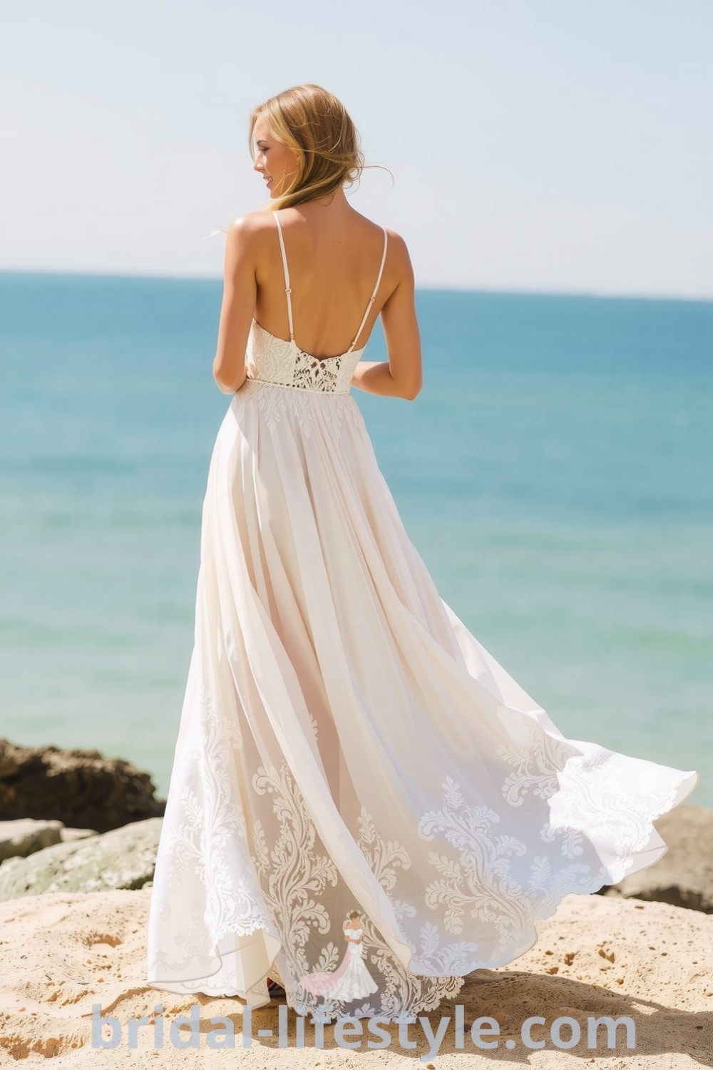 Boho beach wedding dress featuring a flowing A-line silhouette, soft lace fabric, intricate floral patterns, delicate spaghetti straps, and a subtle scoop back, perfect for dreamy brides on their special day. bridal-lifestyle.com