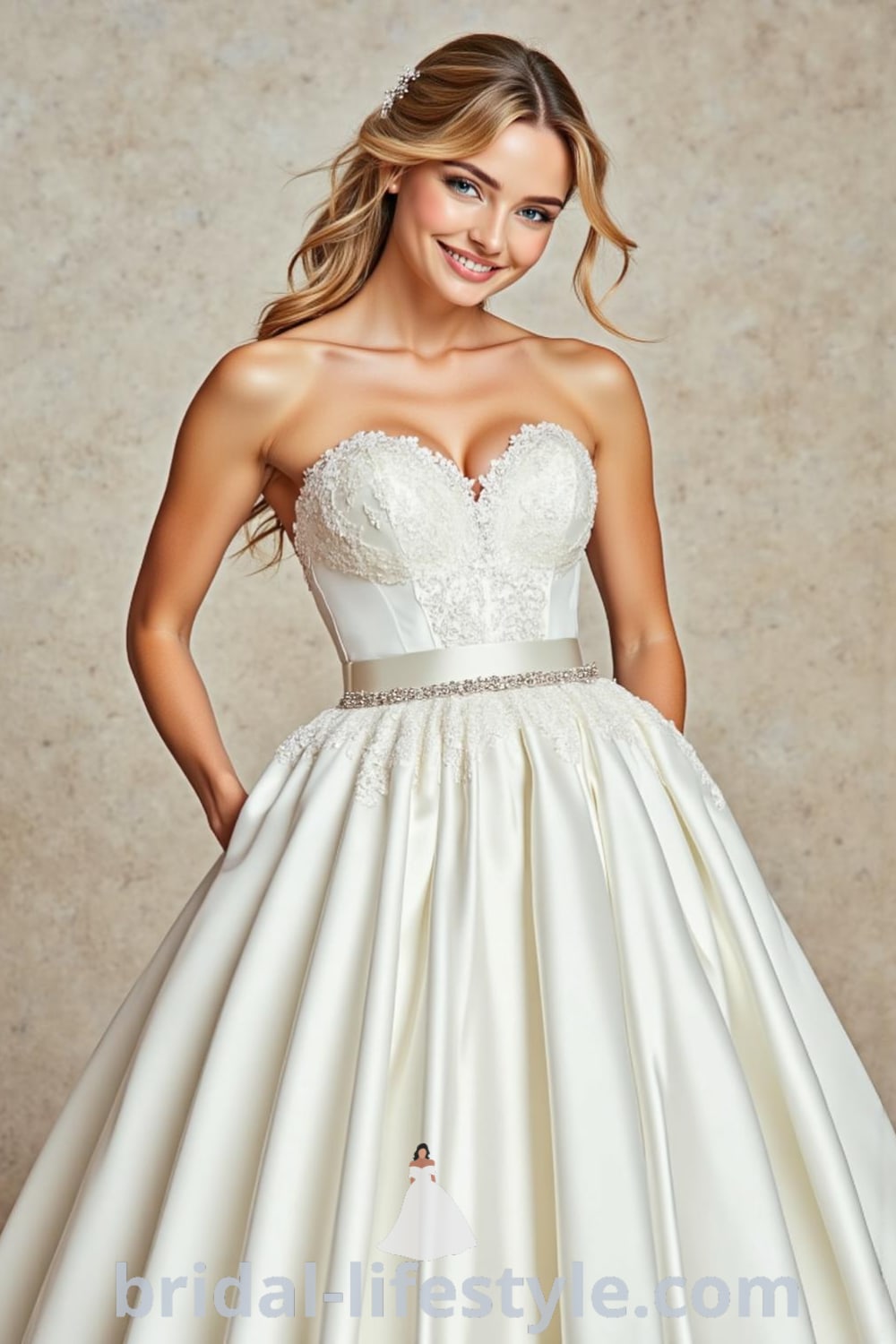 Princess ballgown made of luxurious satin with a voluminous skirt, sweetheart neckline embellished with lace appliqués, and a delicate satin belt. bridal-lifestyle.com