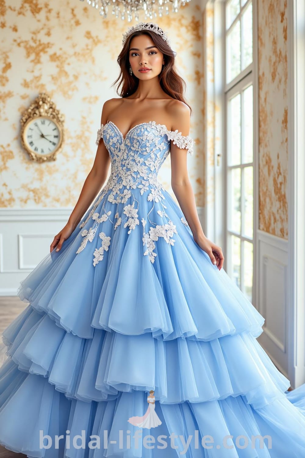 Princess Blue wedding dress with a voluminous ball gown silhouette, luxurious satin fabric, delicate lace appliqués, and off-the-shoulder sleeves. bridal-lifestyle.com