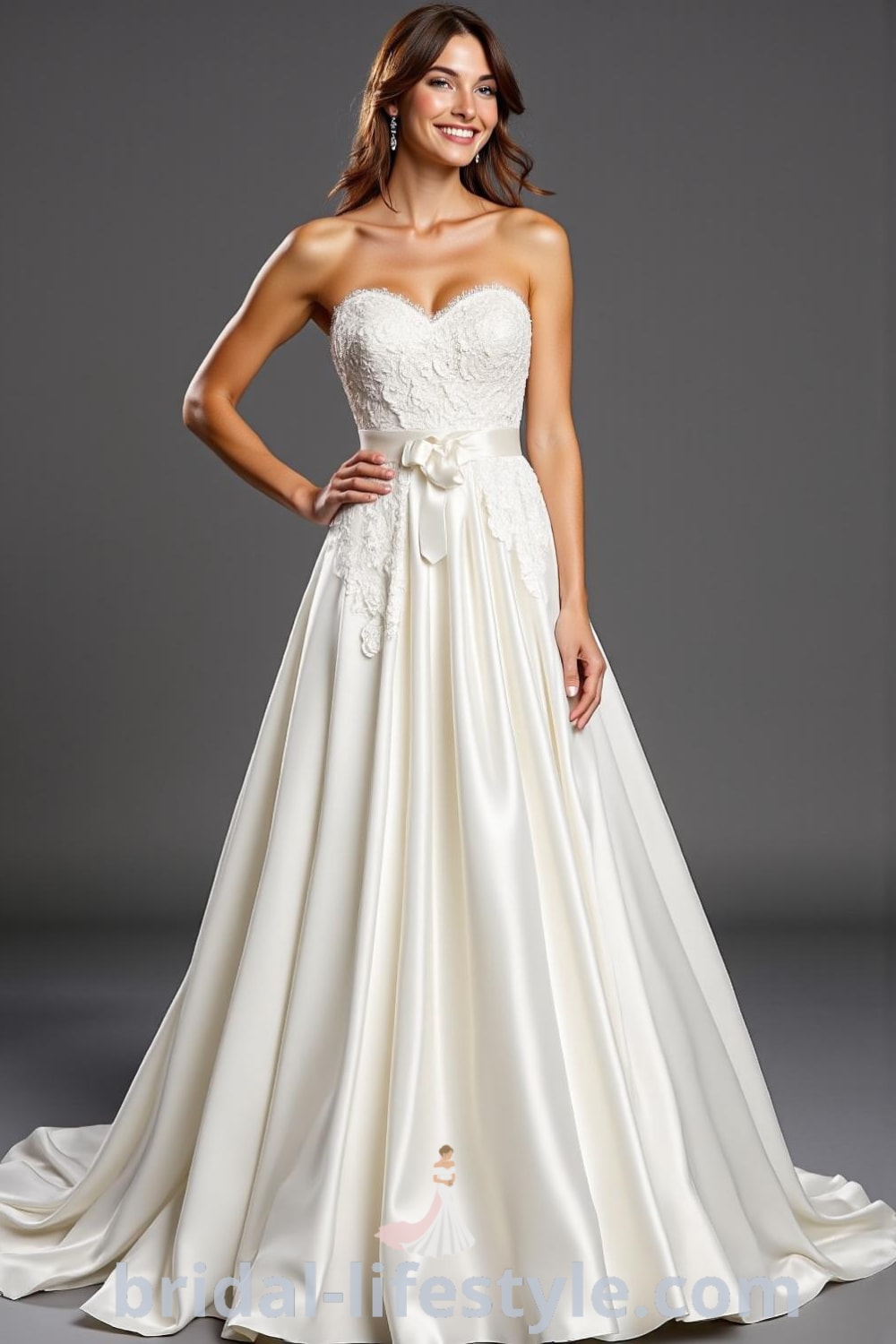 A-line wedding dress with strapless bodice, lace detailing, flowing satin skirt, and a ribbon accent at the waist. bridal-lifestyle.com