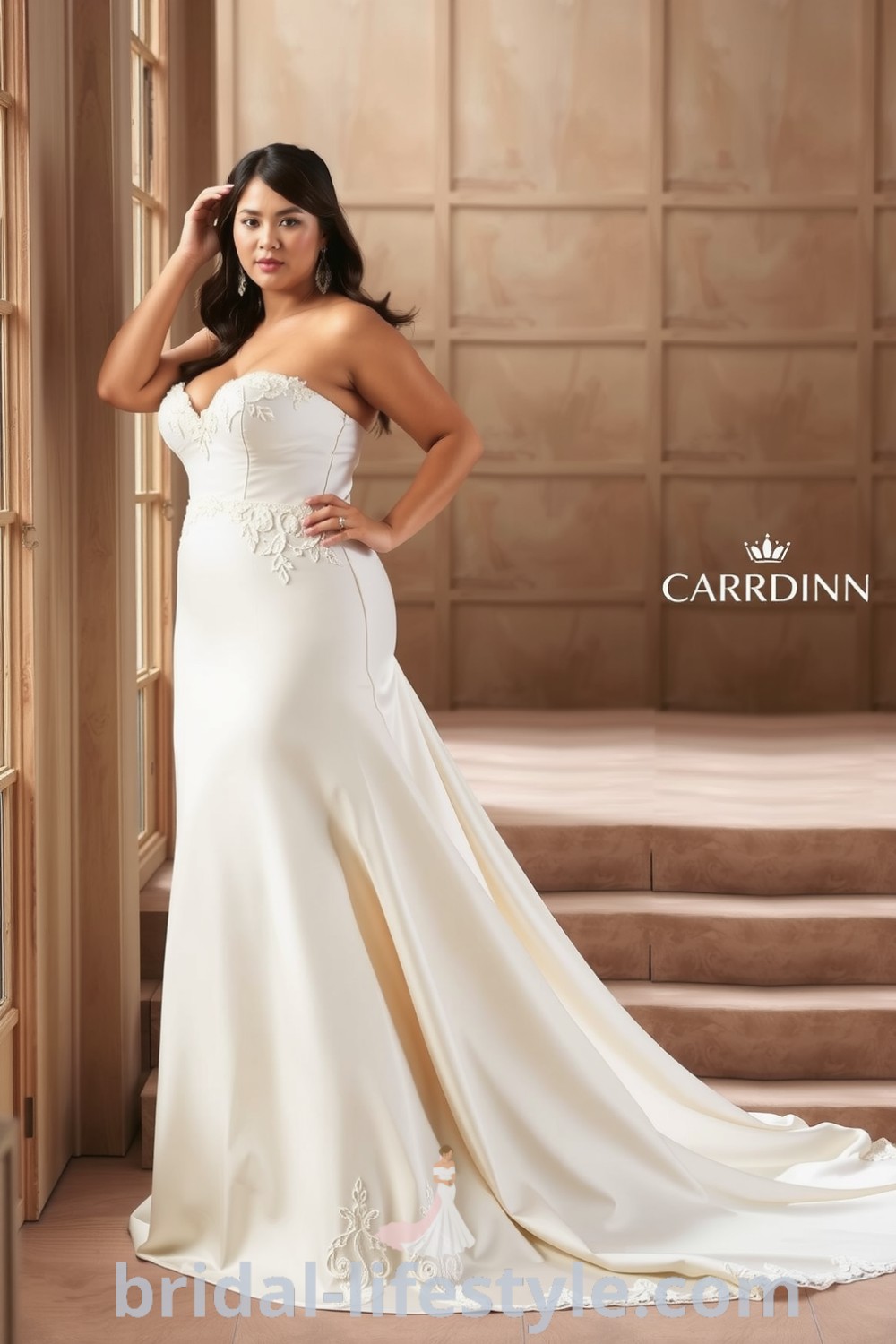 Fit and flare wedding dress designed for plus-size brides, featuring luxurious satin, lace overlays, and intricate beadwork, with a flared skirt for movement. bridal-lifestyle.com