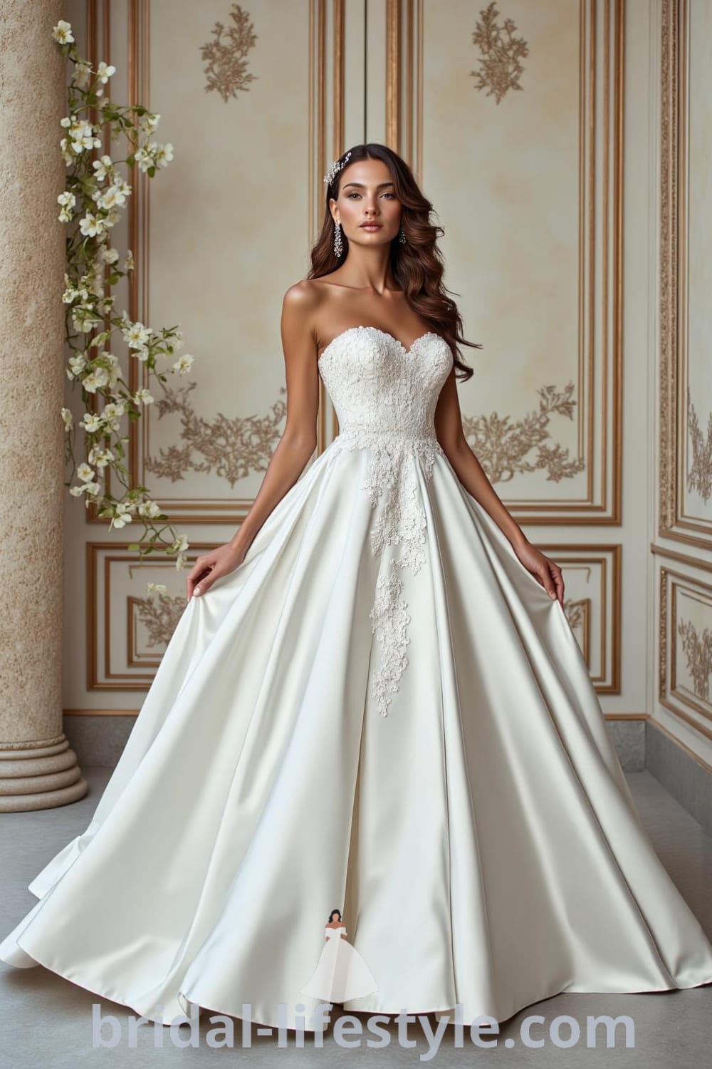 Princess Classy wedding dress with structured bodice, flowing satin skirt, and intricate lace appliqués, featuring a subtle shimmer that enhances its elegance. bridal-lifestyle.com