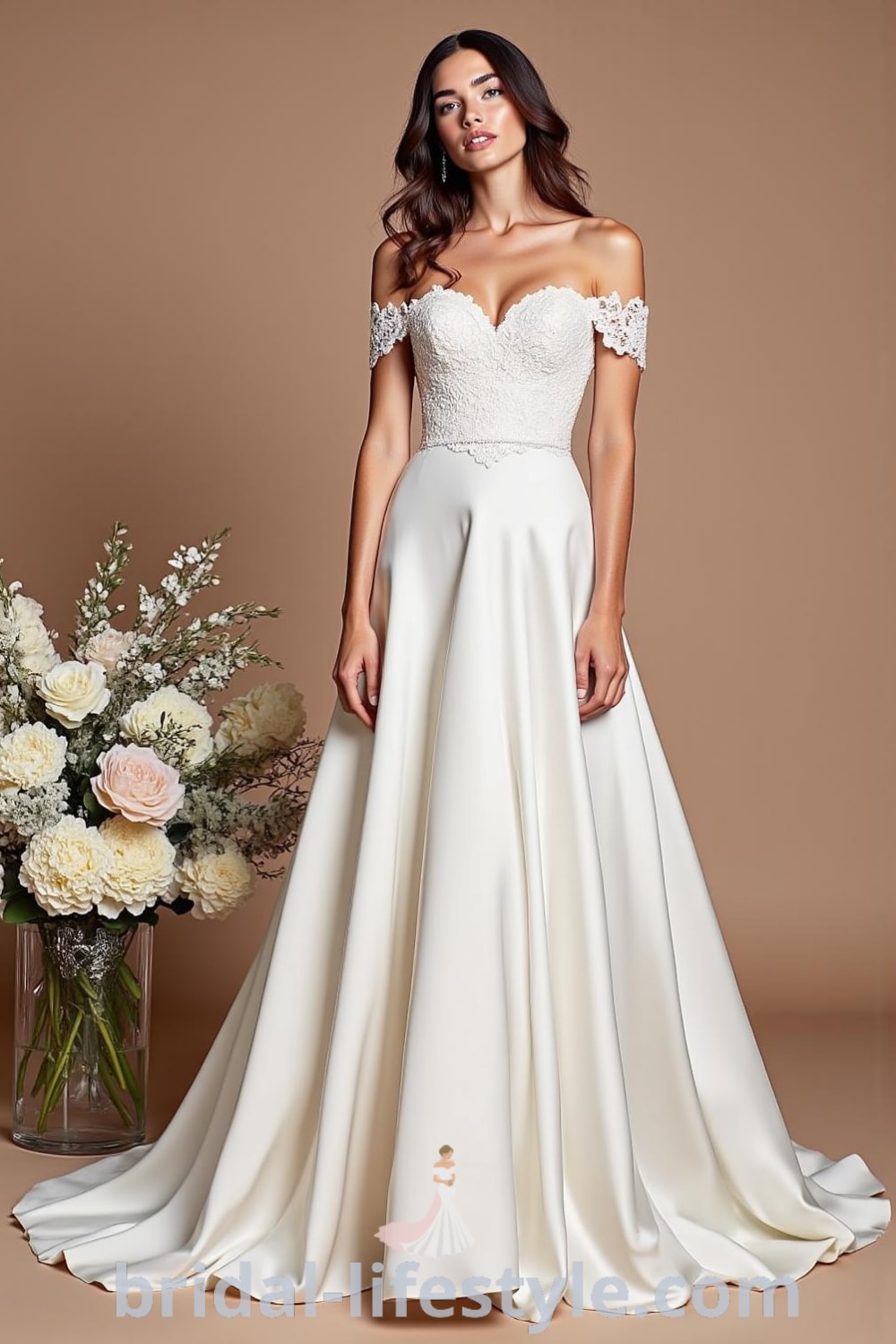 A-line wedding dress made of luxurious satin with off-the-shoulder sleeves and delicate lace appliqués on the bodice, showcasing a flowing silhouette. bridal-lifestyle.com