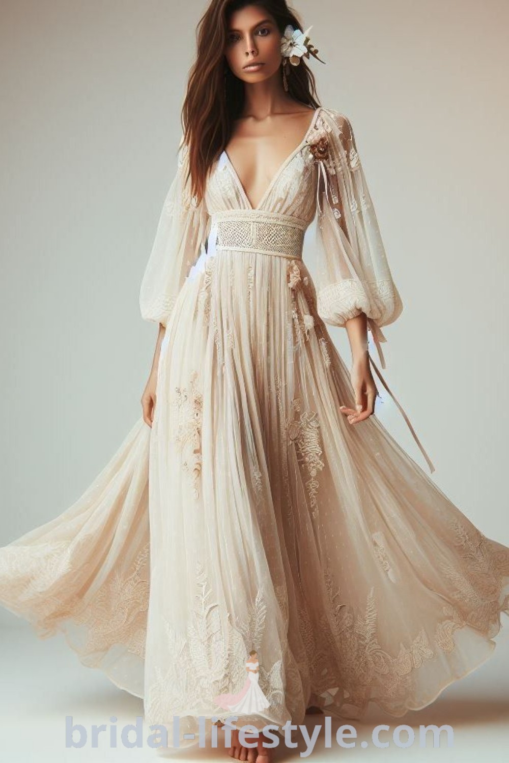 A woman in a long flower-adorned hippie wedding dress not white with a veil over her head, showcasing bohemian style fitting for any romantic occasion. This dress represents the best aesthetic ideas for dreamy brides and is perfect for vintage and boho themes. Discover more inspiration for your special day at bridal-lifestyle.com.