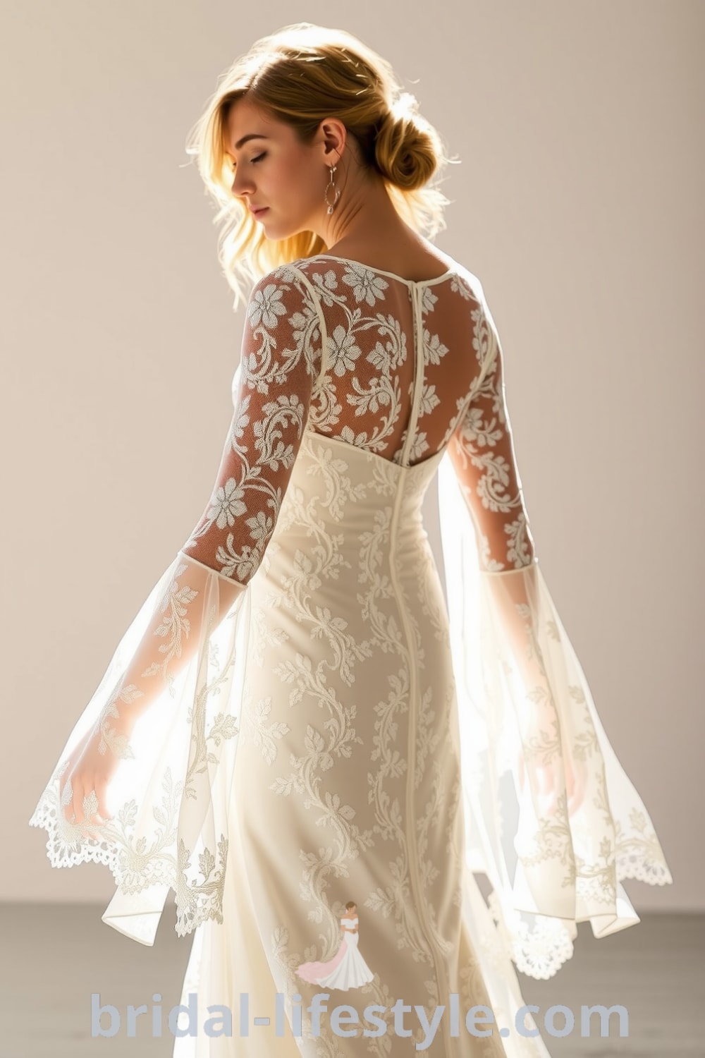 A romantic boho long sleeve lace wedding dress with intricate floral patterns and soft sleeves that catch the sunlight, creating a flattering silhouette. bridal-lifestyle.com