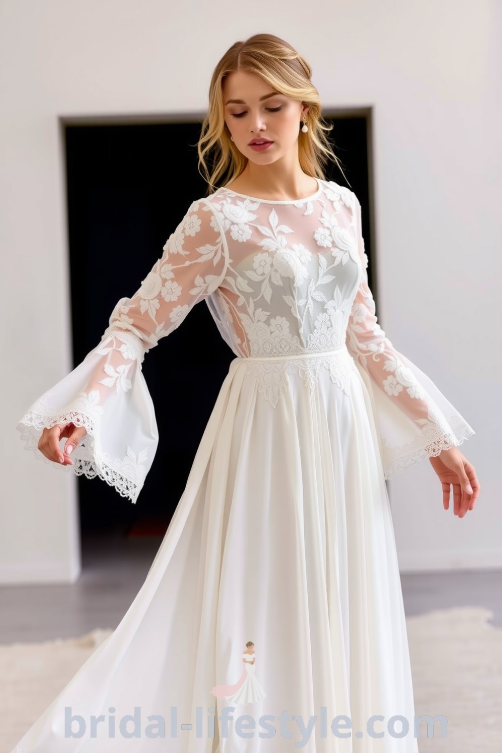 Two-piece wedding dress with intricate lace top featuring long sleeves, a flowy chiffon skirt, and subtle floral patterns. bridal-lifestyle.com