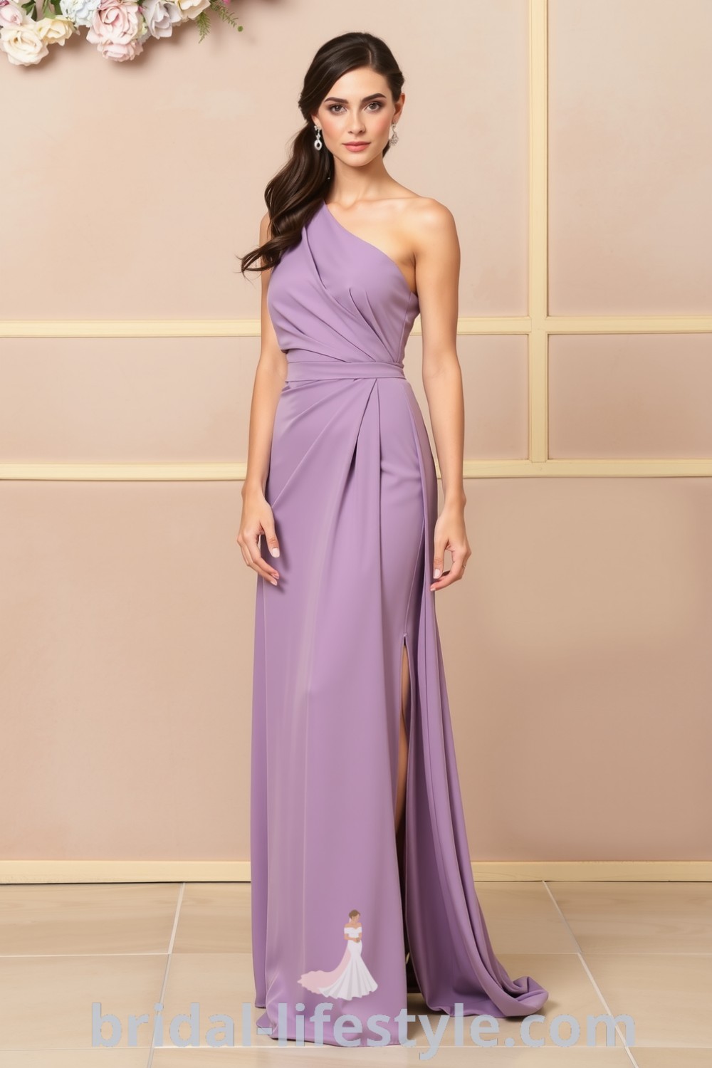 One-shoulder bridesmaid dress made of soft satin and flowing chiffon with a side slit, emitting elegance and style, perfect for every brides unique taste. bridal-lifestyle.com