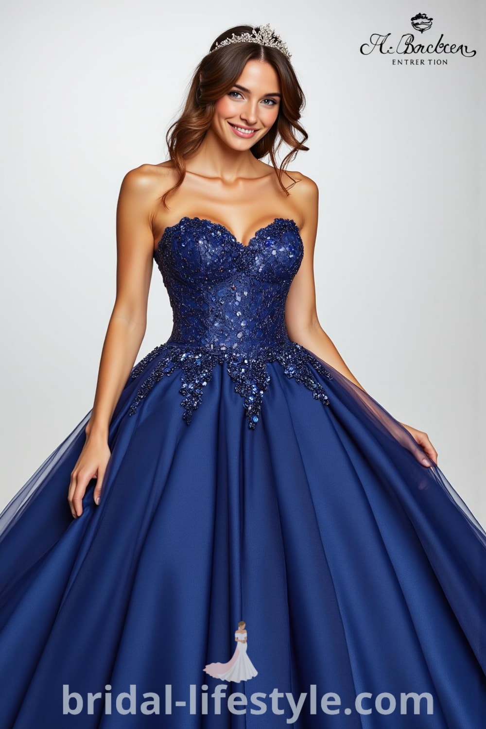 Deep blue wedding dress with fitted bodice, intricate lace appliqués, voluminous tulle skirt, and sweetheart neckline. bridal-lifestyle.com