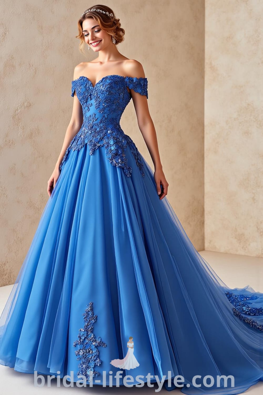 Stunning princess-style wedding dress in rich blue featuring a satin bodice, voluminous tulle skirt with lace appliques, and off-the-shoulder straps. bridal-lifestyle.com