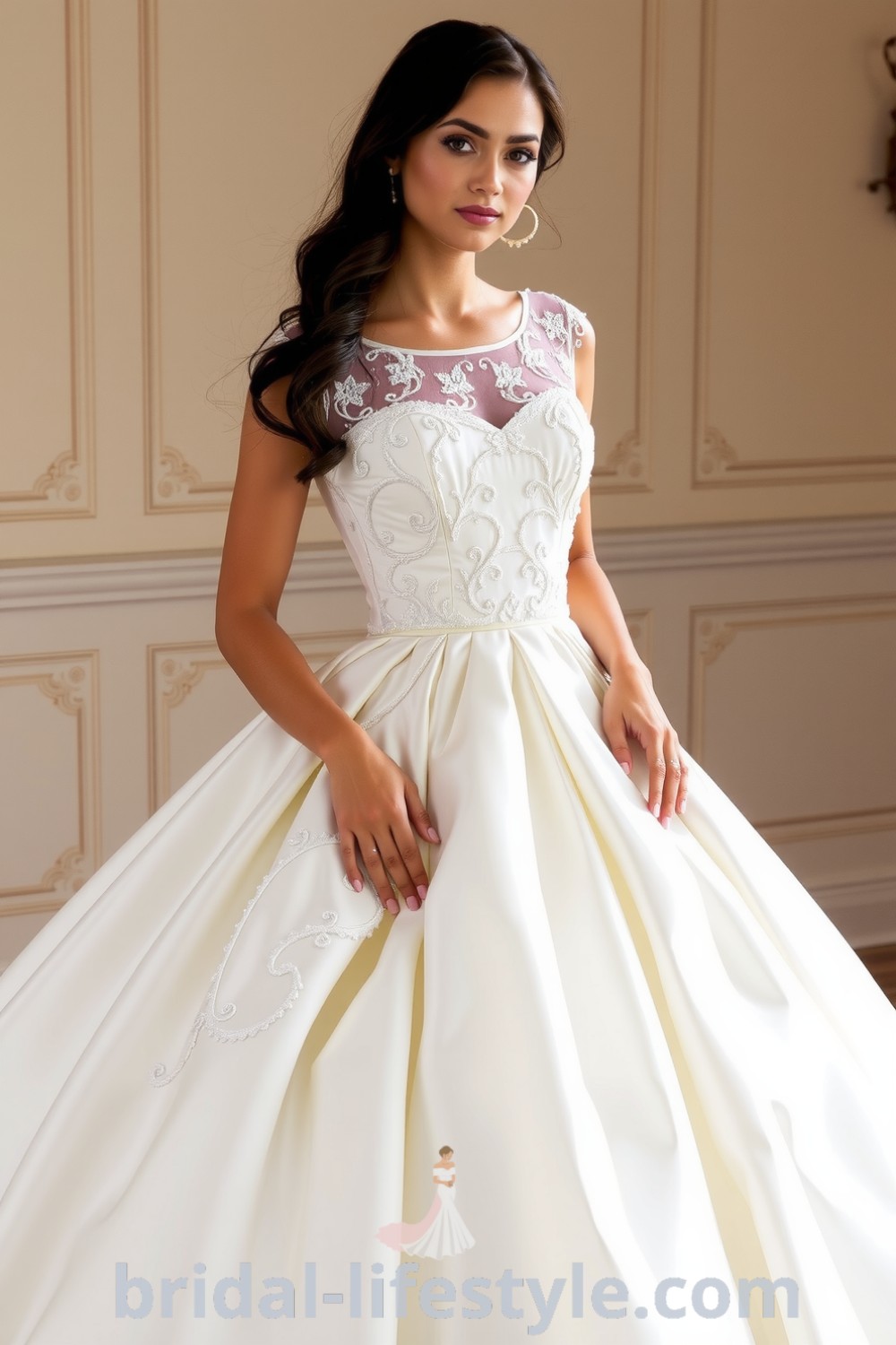 Princess ballgown in satin with lace appliqués and a voluminous skirt, featuring a sweetheart neckline, perfect for dreamy brides seeking elegant wedding dress inspiration. bridal-lifestyle.com