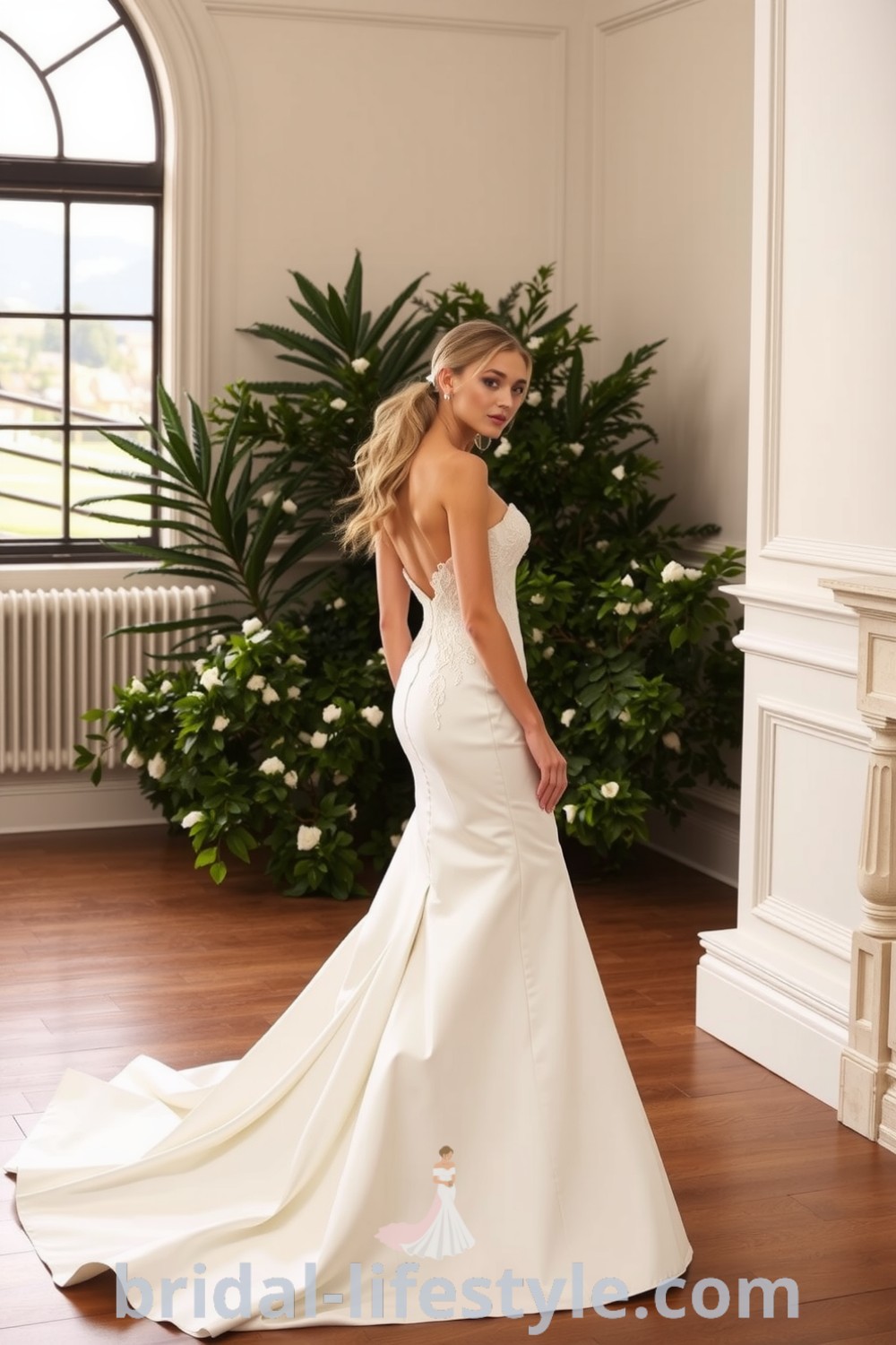Elegant fit and flare wedding dress with square neckline, luxurious satin fabric, and delicate lace appliqués for a captivating silhouette. bridal-lifestyle.com