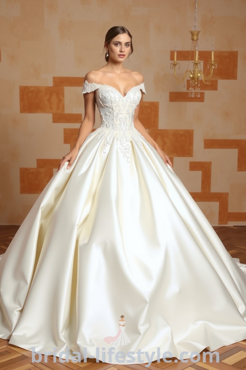 Elegant princess-style wedding dress with satin fabric, lace appliqués, and off-shoulder neckline, featuring a full billowing skirt perfect for dreamy brides on their special day. bridal-lifestyle.com