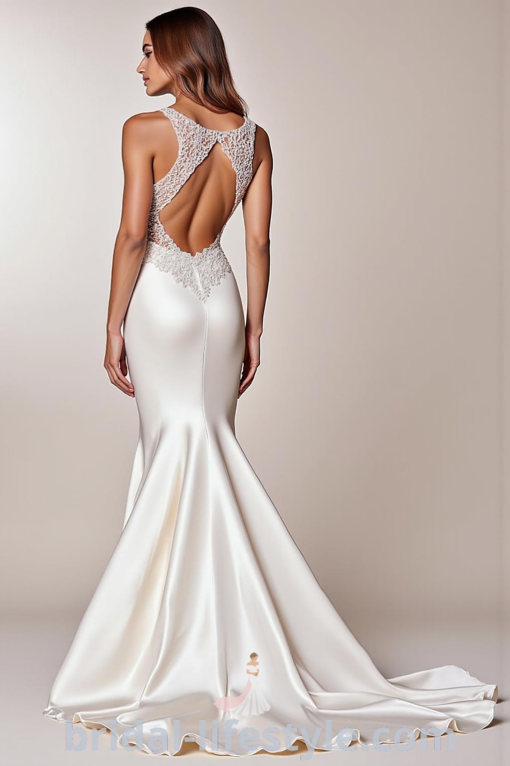 Mermaid wedding dress with intricate beading on sweetheart neckline, luxurious satin fabric, elegant flare at knees, and lace overlay back with button closures. bridal-lifestyle.com