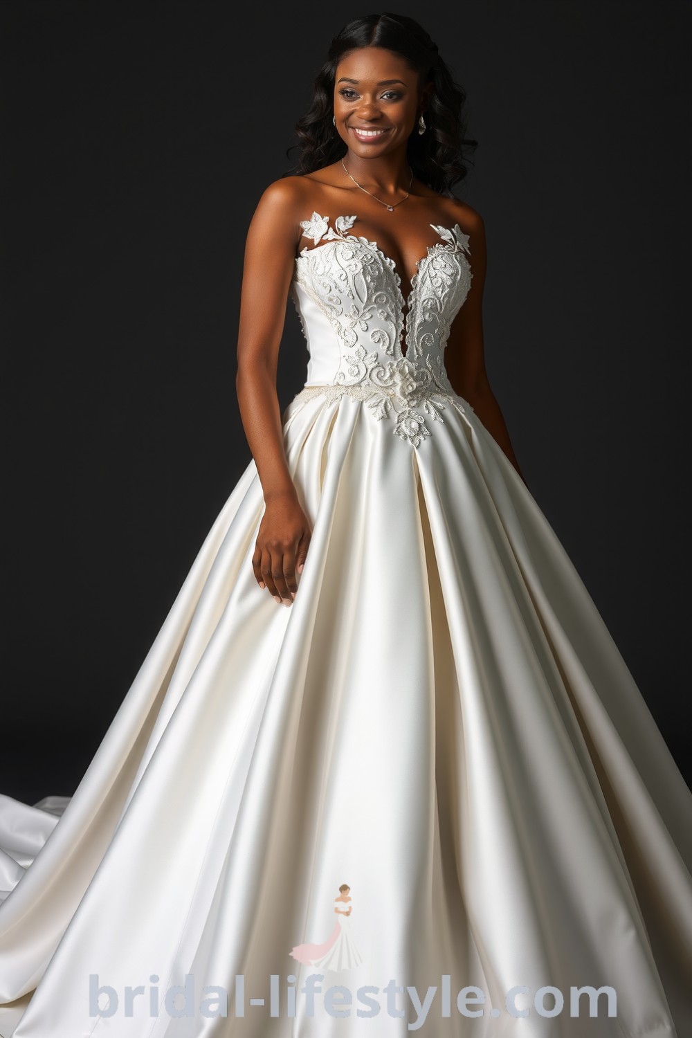 Exquisite satin princess ballgown with voluminous tulle skirt and delicate lace appliqués, perfect for dream brides seeking elegant inspiration for their special day. bridal-lifestyle.com