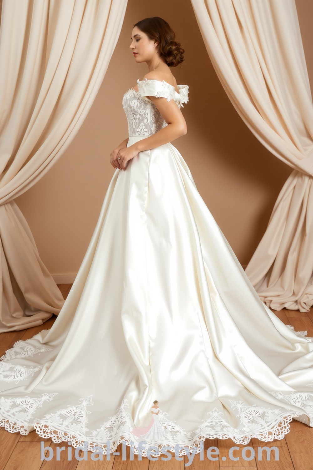 Elegant off-the-shoulder wedding gown with a fitted bodice adorned with lace appliqué, a full billowing skirt, and delicate beading. bridal-lifestyle.com