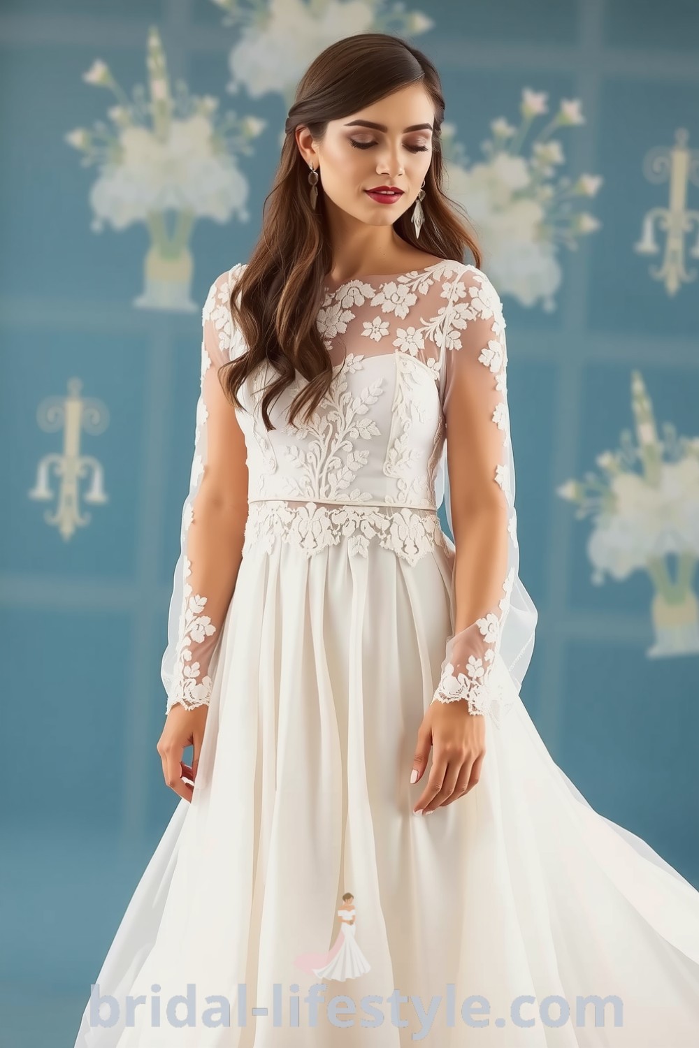 A stunning boho two-piece wedding dress with a delicate lace top, long translucent sleeves, and a flowy chiffon skirt, perfect for outdoor celebrations. bridal-lifestyle.com