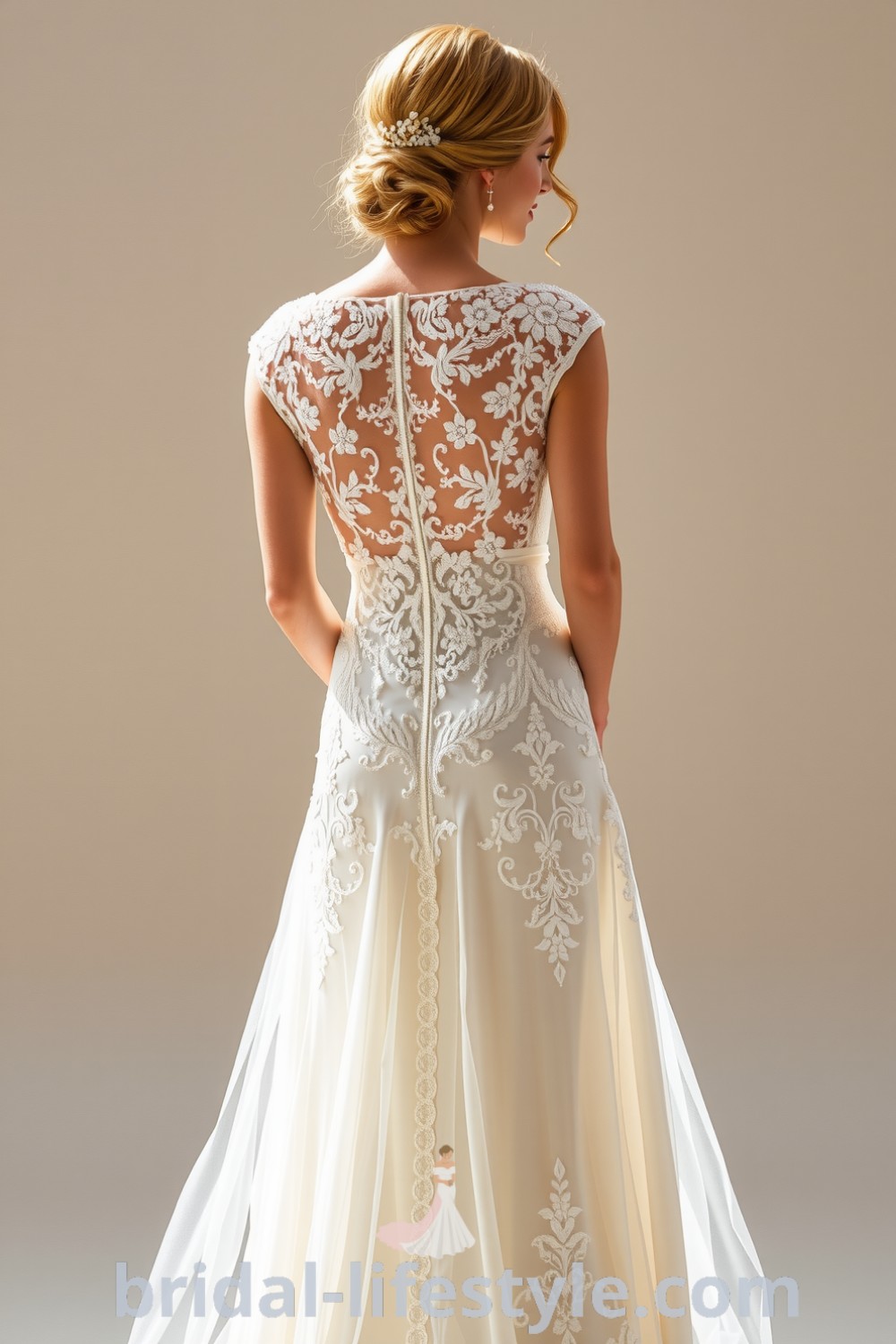 Vintage lace wedding dress with intricate floral patterns, fitted bodice, softly flared skirt, and delicate cap sleeves, revealing a soft shimmer in the light. bridal-lifestyle.com