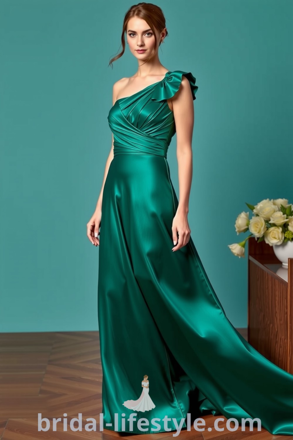 One-shoulder emerald bridesmaid dress made of luxurious satin with a flowing skirt and pleated shoulder strap, perfect for elegant and dreamy weddings. bridal-lifestyle.com