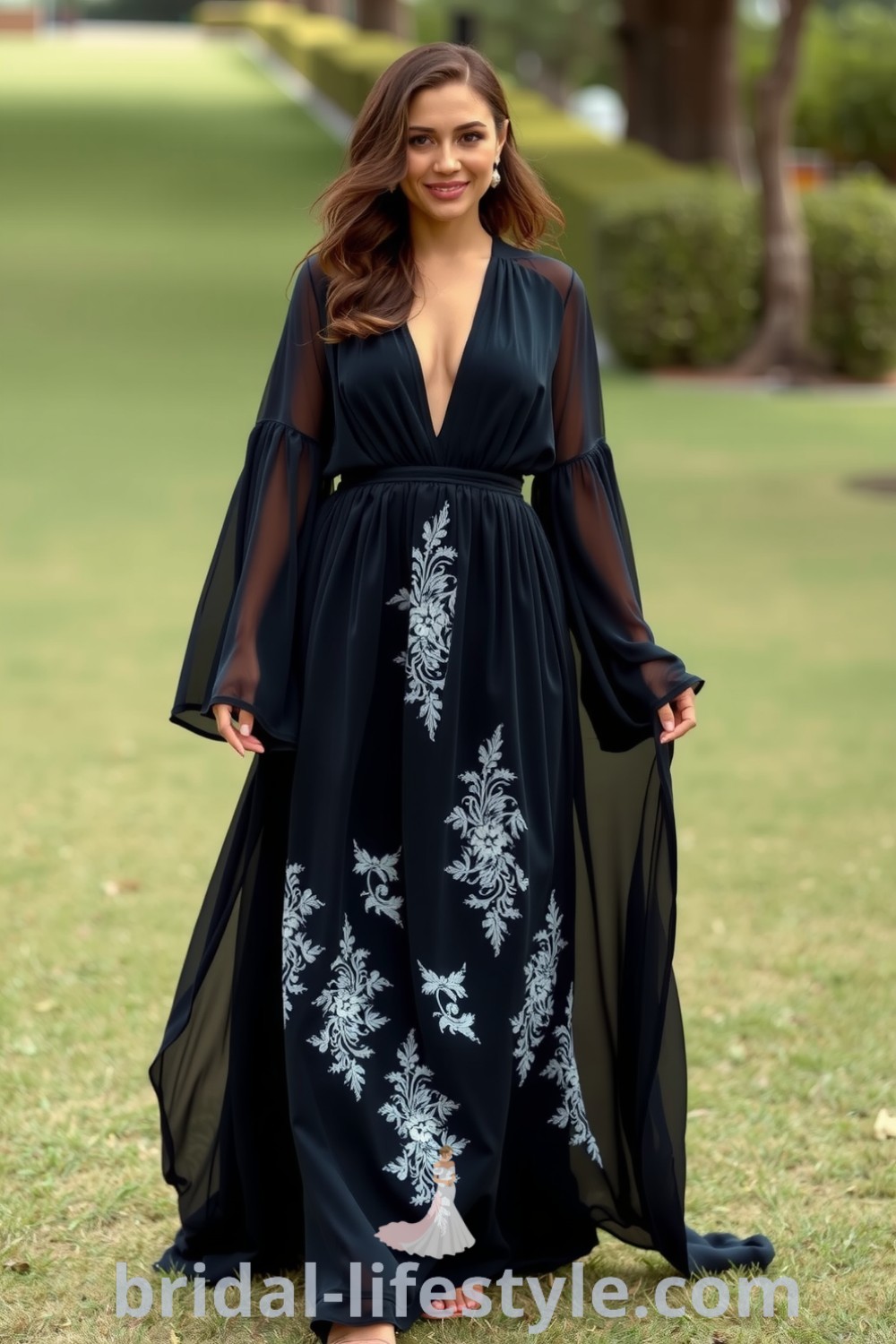 Boho black wedding dress with flowing chiffon, intricate lace appliqués, billowy bell sleeves, and a deep V-neckline, worn by a Latina bride. bridal-lifestyle.com