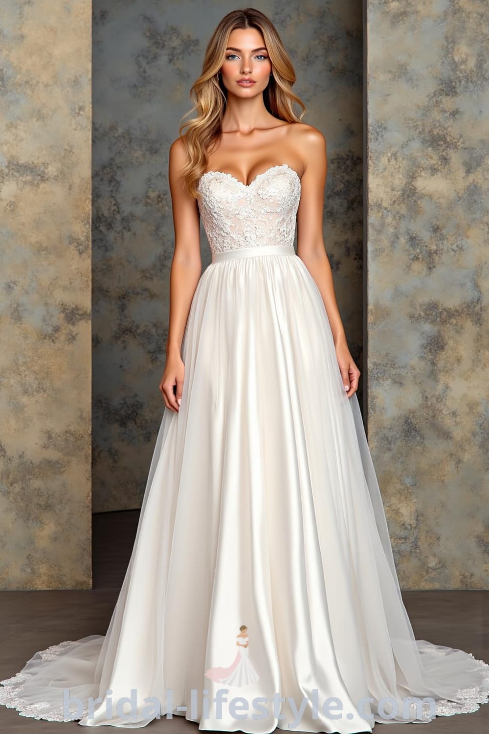 Elegant A-line strapless wedding dress made of luxurious satin, featuring intricate lace appliqué on the bodice, a gentle skirt flare, and a subtle train. bridal-lifestyle.com