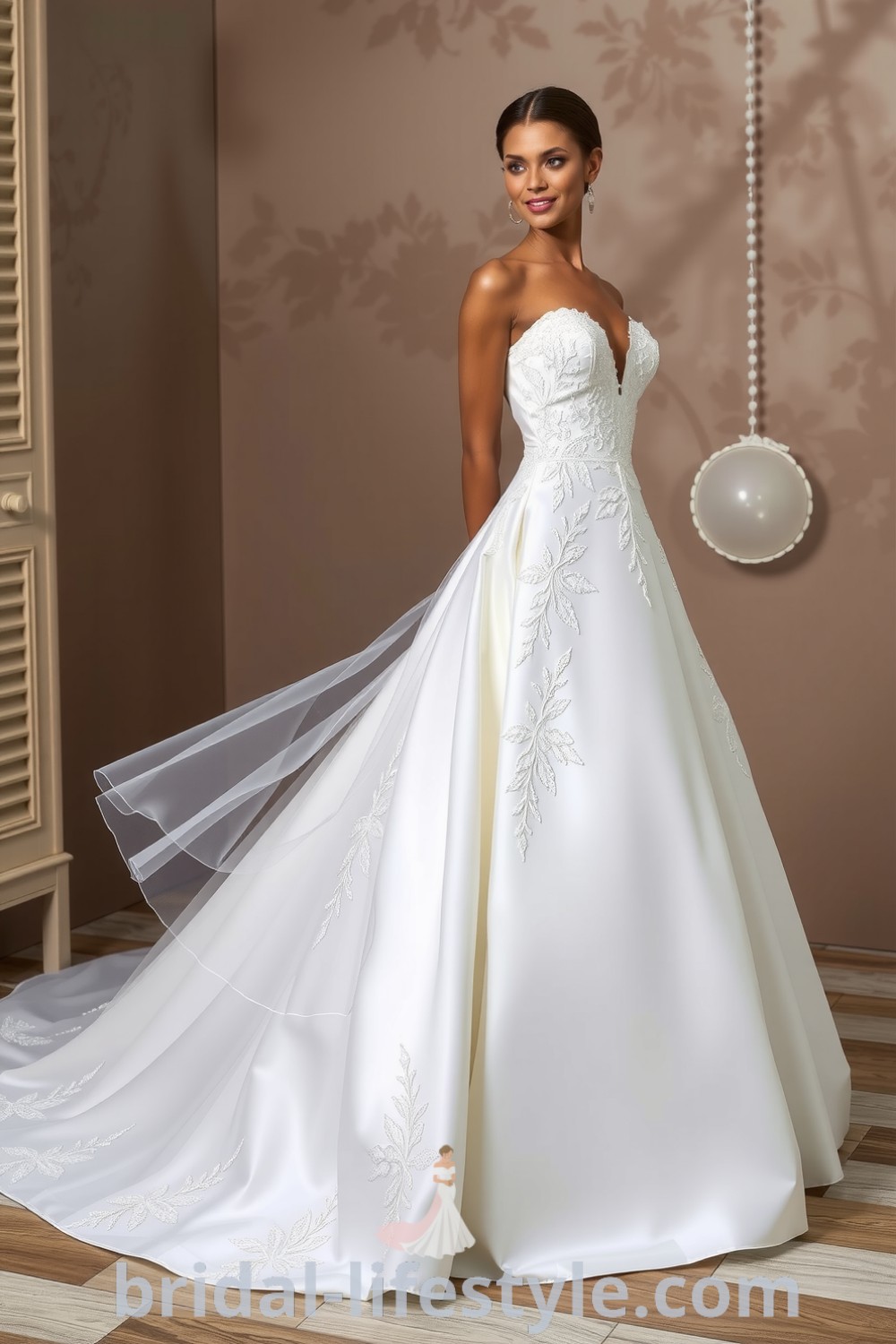 Princess-style wedding dress with fitted bodice, voluminous satin skirt, intricate lace appliqués, and ethereal tulle layers for a dreamy bridal look. bridal-lifestyle.com
