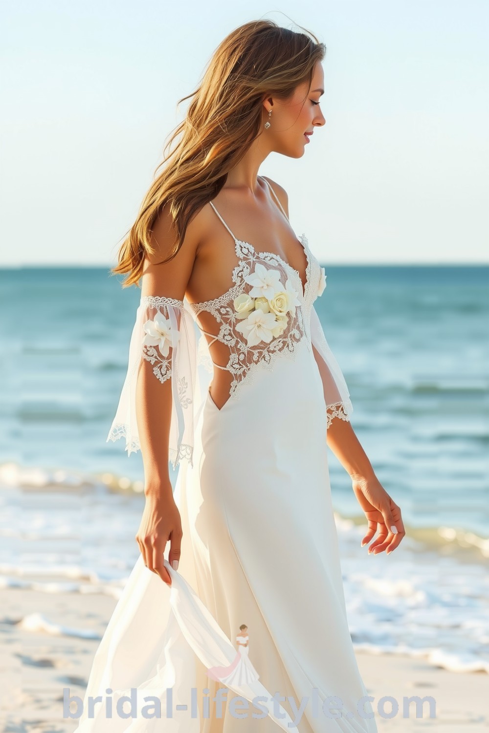 Bohemian beach wedding dress with ethereal lace, floral appliqués, fluttering sleeves, and an open back, perfect for dreamy brides. bridal-lifestyle.com
