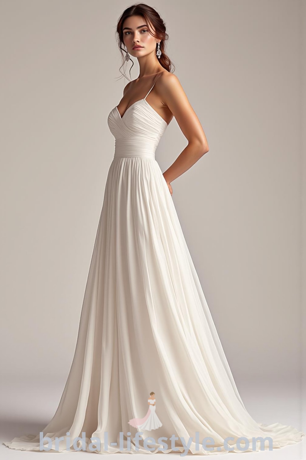 Strapless wedding dress with a sleek silhouette, made of luxurious satin, featuring a subtle train and elegant design, perfect for any wedding setting. bridal-lifestyle.com