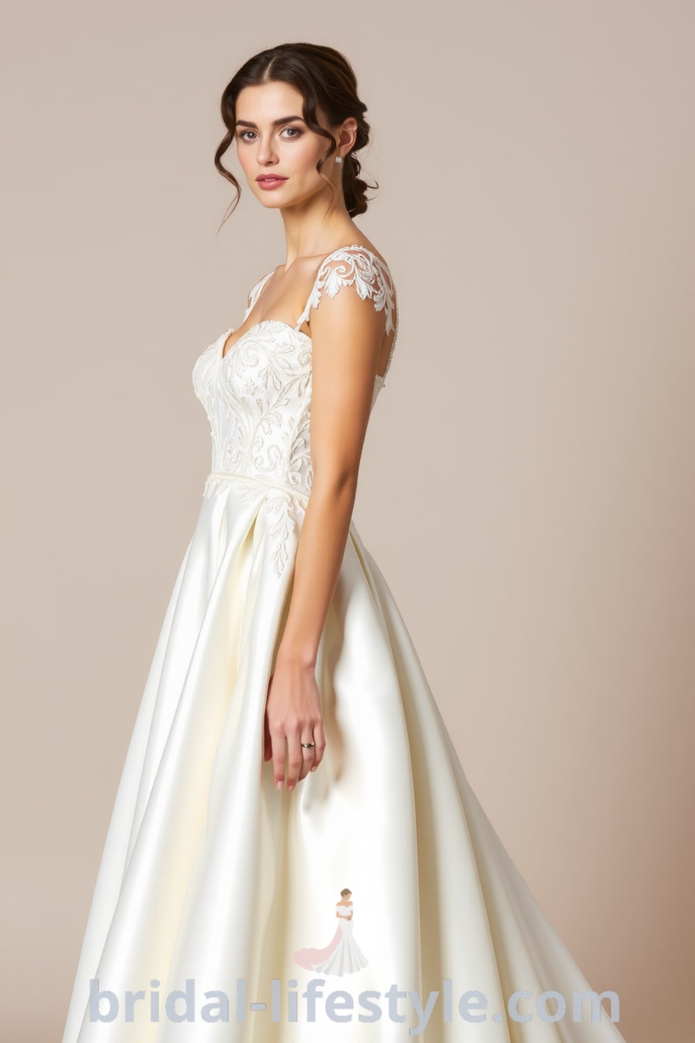 A-line wedding dress with sweetheart neckline, intricate lace detailing on bodice, flowing satin skirt, and delicate cap sleeves. bridal-lifestyle.com