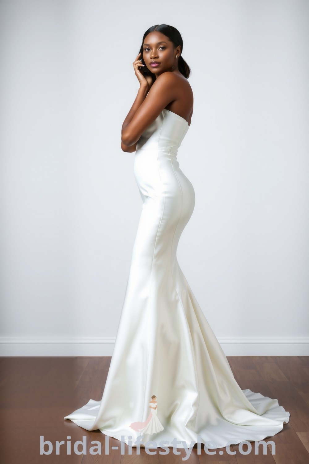Elegant black bride in a mermaid satin wedding dress, hugging curves and flaring at the knees, showcasing a sleek silhouette and soft sheen for a romantic look. bridal-lifestyle.com
