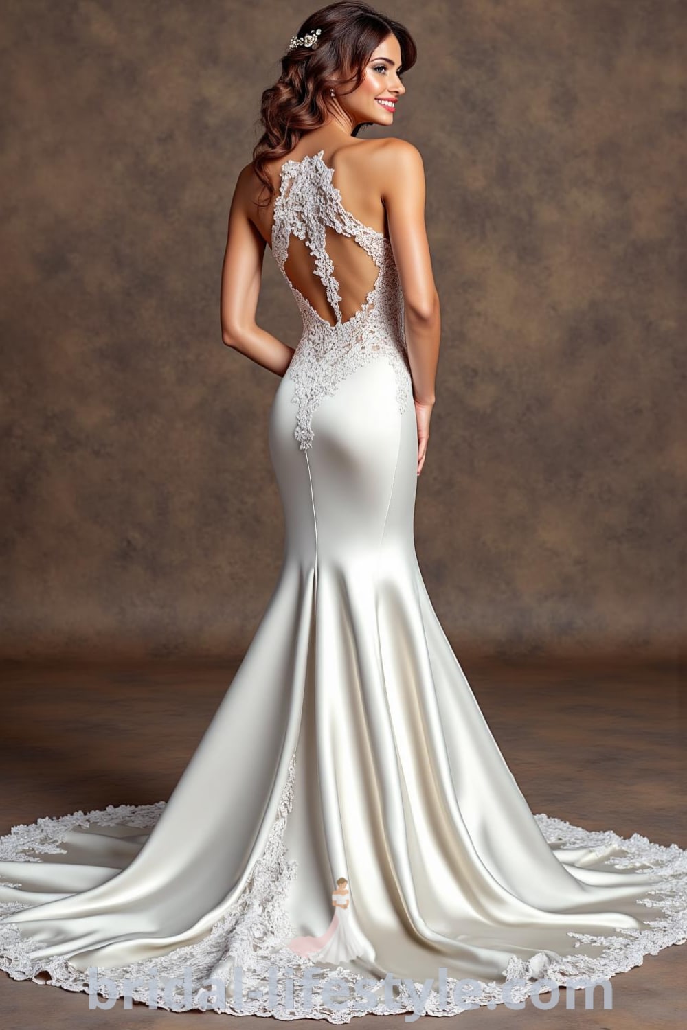 Mermaid wedding dress made of luxurious satin fabric with intricate lace detailing at the neckline and a graceful train, designed to create an hourglass silhouette. bridal-lifestyle.com