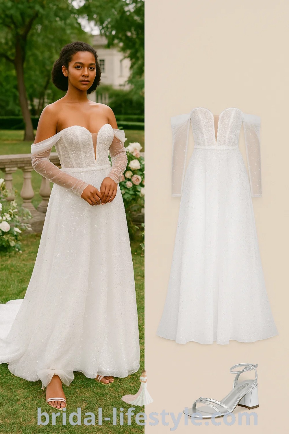 A beautiful A-Line Lace wedding dress in white with an off-shoulder design and structured bodice, complemented by silver block heel shoes, perfect for a romantic wedding or formal occasion, from pinshoesoutfits.com.
