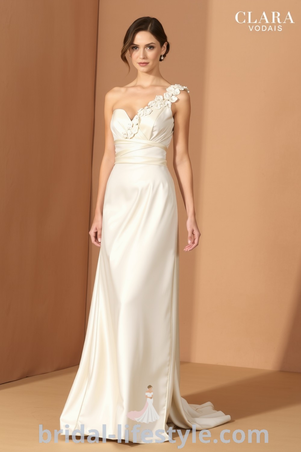 One-shoulder bridesmaid dress in luxurious satin with A-line silhouette and lace appliqués, embodying elegance and romantic style for every bride