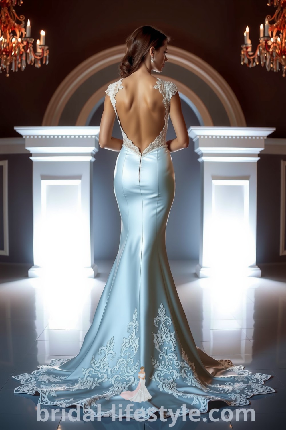 Elegant mermaid wedding dress in luxurious satin with intricate lace appliqués and an open back, perfect for dreamy brides seeking inspiration for their special day. bridal-lifestyle.com