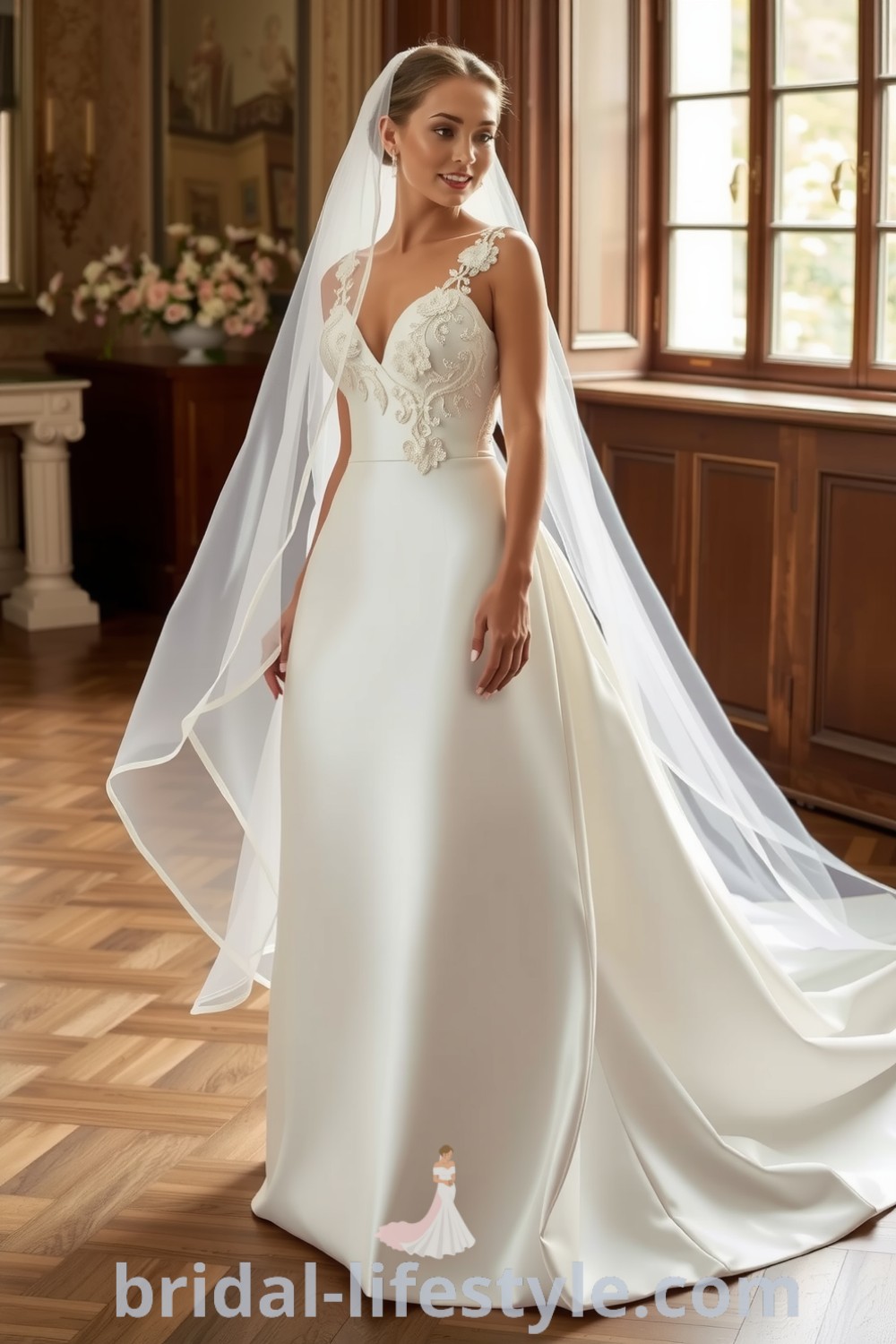 Elegant satin wedding dress with fit and flare silhouette, intricate lace appliqués on the bodice, and softly flared skirt, perfect for the special day. bridal-lifestyle.com