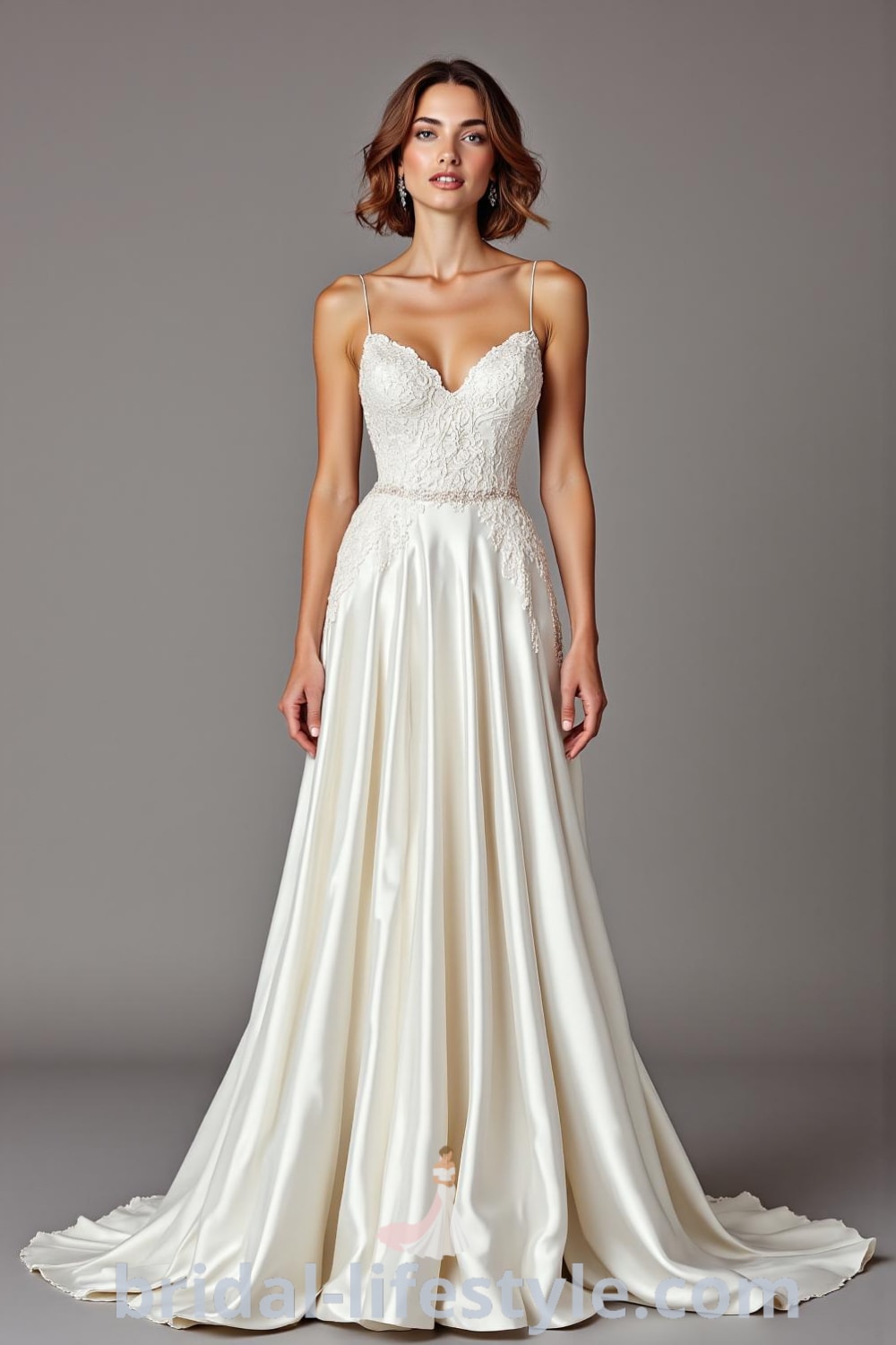 A-line satin wedding dress with intricate lace bodice, flowing fabric, delicate straps, and a subtle train. bridal-lifestyle.com
