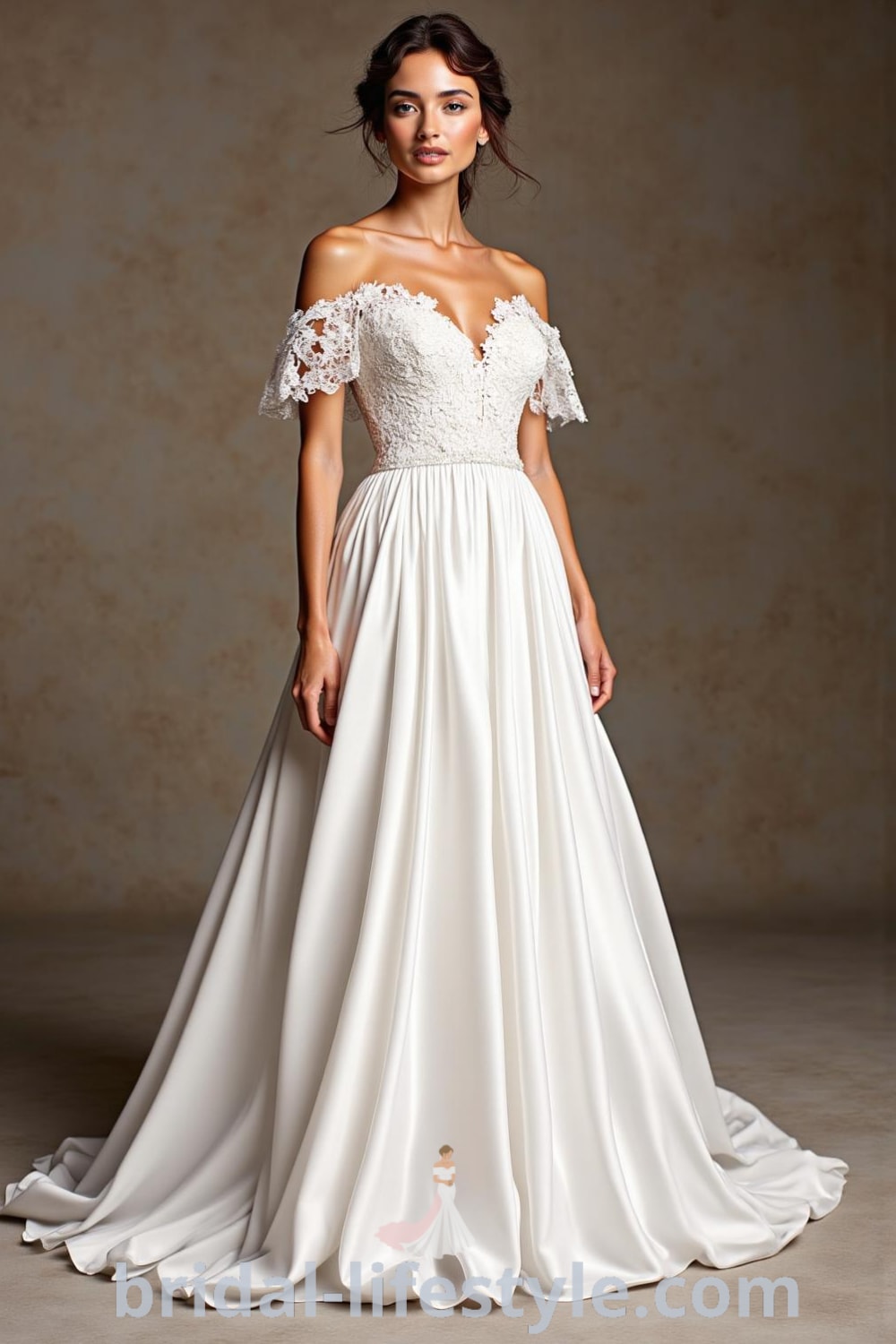 Elegant off-the-shoulder A-line wedding dress with draped satin skirt, fitted bodice with lace detailing, and a beautiful sheen. bridal-lifestyle.com