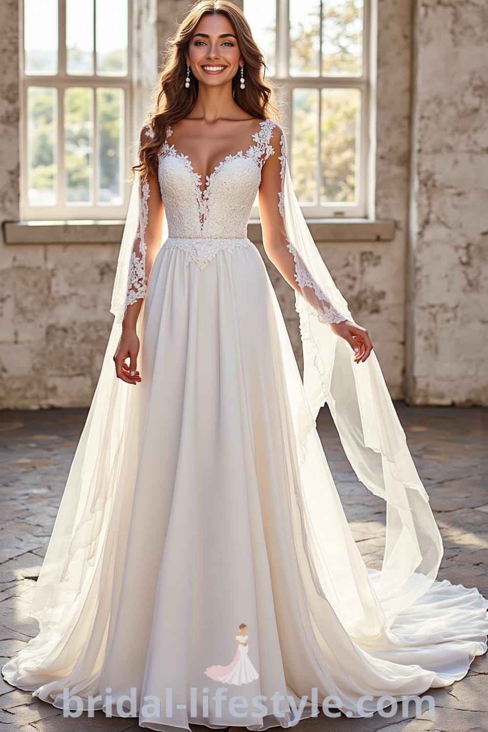 An elegant A-line wedding dress with long satin sleeves, intricate lace detailing on the bodice, sweetheart neckline, and a flowing chiffon skirt. bridal-lifestyle.com