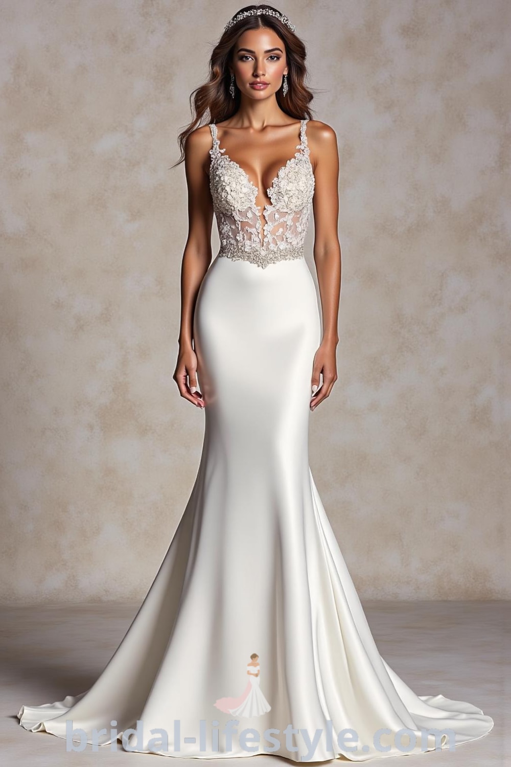 Mermaid wedding dress with beaded bodice, sweetheart neckline, fitted silhouette, lace-trimmed skirt, and open back detailing. bridal-lifestyle.com