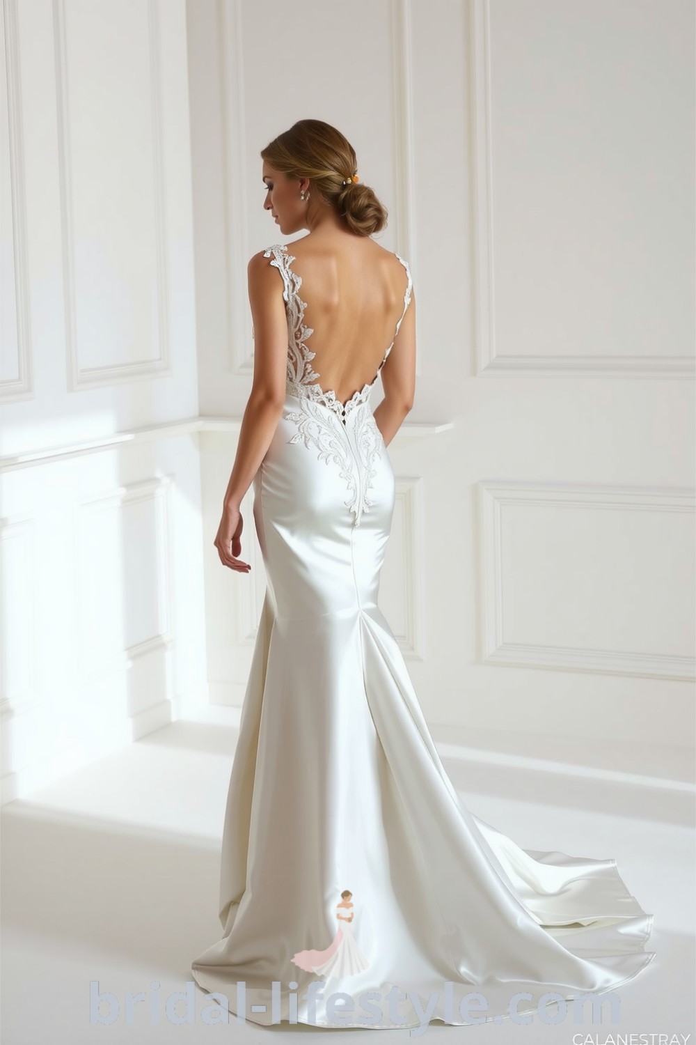 A stunning white mermaid wedding dress with luxurious satin fabric, intricate lace detailing, a dramatic open back, and a flowing skirt, perfect for dreamy brides seeking elegant styles. bridal-lifestyle.com