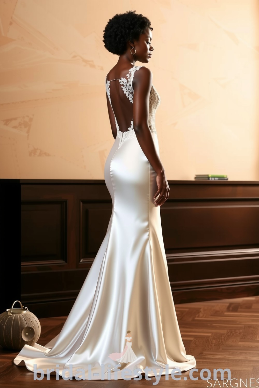 Fit and flare wedding dress crafted from luxurious satin, featuring lace detailing and an open back, designed for a Black bride, showcasing elegance and grace. bridal-lifestyle.com