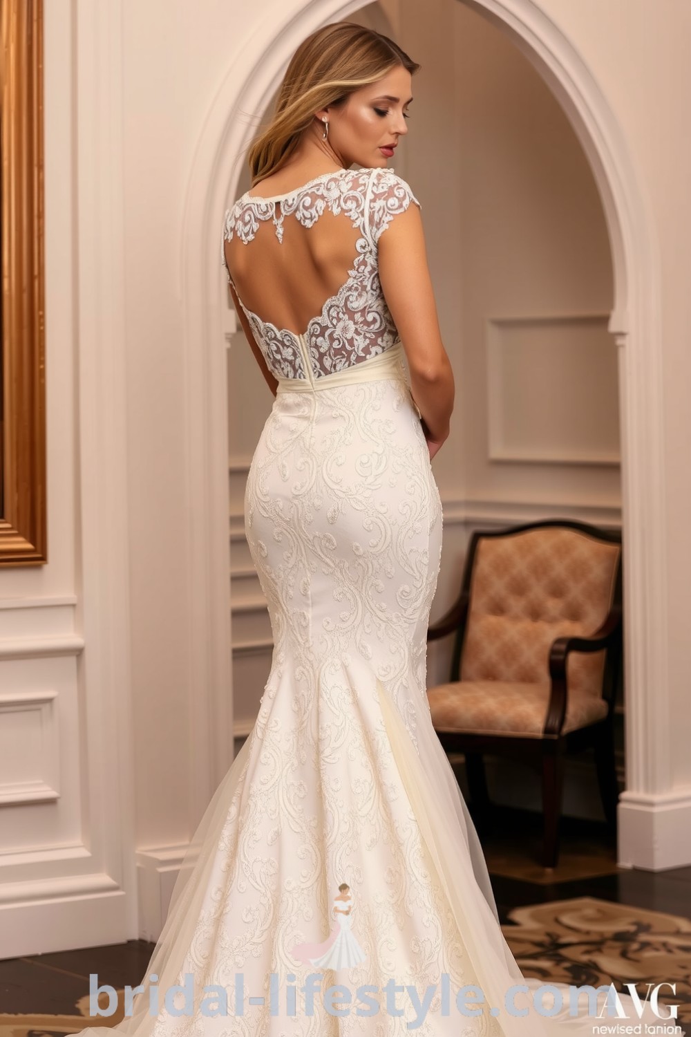 A stunning fit and flare wedding dress with intricate beaded lace and a delicate embellished neckline, showcasing the bride’s figure. bridal-lifestyle.com