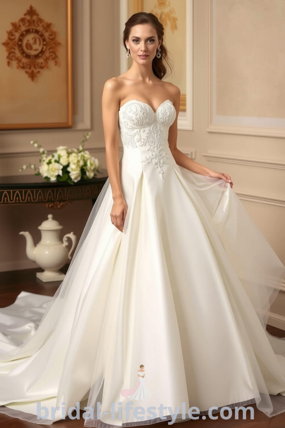 Princess-style wedding dress featuring luxurious satin and tulle, a strapless sweetheart neckline, and delicate lace appliqués, perfect for the romantic and elegant bride. bridal-lifestyle.com